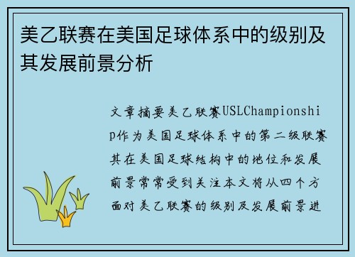 美乙联赛在美国足球体系中的级别及其发展前景分析