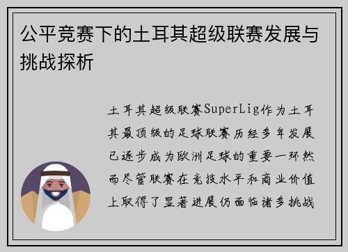 公平竞赛下的土耳其超级联赛发展与挑战探析