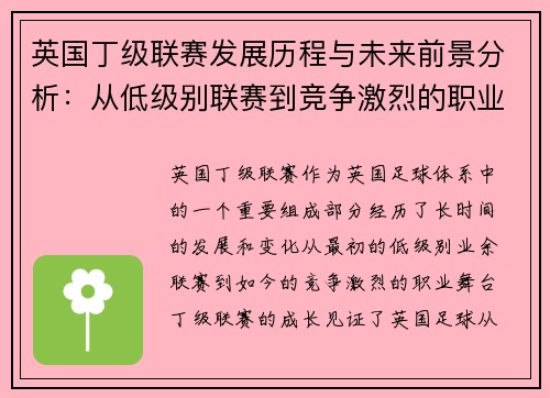英国丁级联赛发展历程与未来前景分析：从低级别联赛到竞争激烈的职业舞台