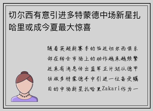 切尔西有意引进多特蒙德中场新星扎哈里或成今夏最大惊喜