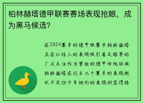 柏林赫塔德甲联赛赛场表现抢眼，成为黑马候选？