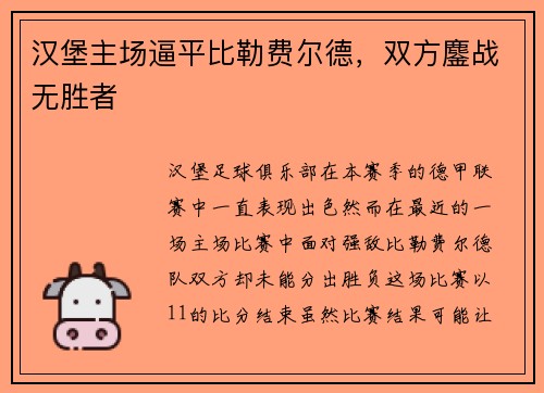 汉堡主场逼平比勒费尔德，双方鏖战无胜者