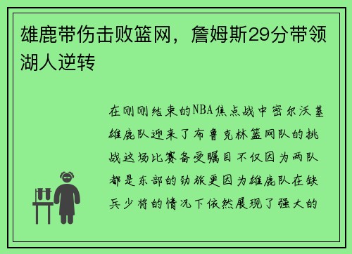 雄鹿带伤击败篮网，詹姆斯29分带领湖人逆转