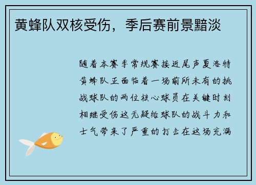 黄蜂队双核受伤，季后赛前景黯淡