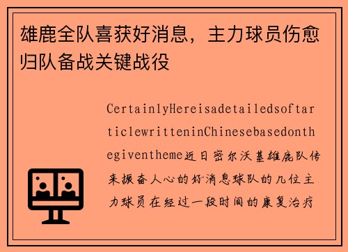雄鹿全队喜获好消息，主力球员伤愈归队备战关键战役